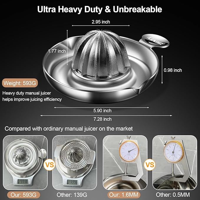 Lemon Squeezer Stainless Steel, Heavy Duty Manual Hand Juicer, Premium Citrus Reamer Juicer Rotation, Lime Orange Fruit Squeezer, 200ML Container 2 Pour Spouts, Dishwasher Safe(5-Year Warranty)