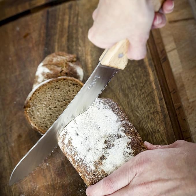 OPINEL No. 116 Parallele Bread Knife, Serrated Edge Kitchen Knife, Elegant Beech Wood or Olive Wood Handle, Made in France (Olive)