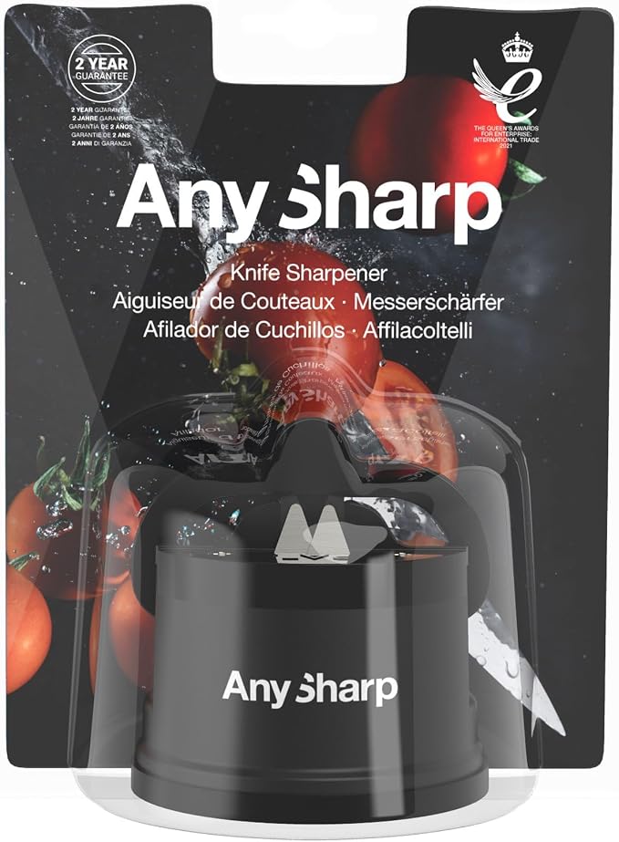 AnySharp – Global – Hands Free Knife Sharpener - Easy to Use Sharpening Tool with PowerGrip Suction Base and 20-Degree Pre-Set Angle - for All Knives: Chef's, Serrated, and Hardened Steel - Black