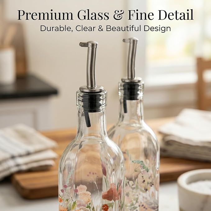 Topadorn 2-Pack Glass Olive Oil Dispenser Bottles with Stainless Steel Spout – 17oz Leak-Resistant Set for Kitchen, Oil & Vinegar Pourer