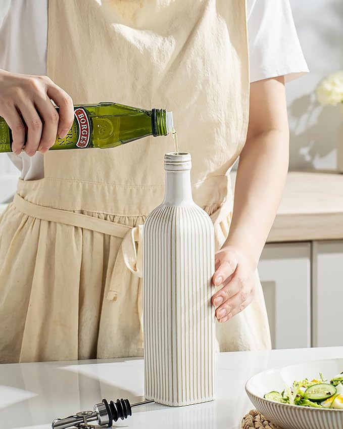 getstar 18 oz Olive Oil Dispenser Bottle for Kitchen, Ceramic Oil Bottle with Automatic Stainless Steel Pourer (Silver Pourer, Vintage White)
