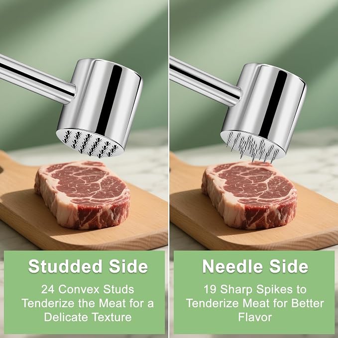 2-in-1 Real 316L Stainless Steel Meat Tenderizer Mallet Hammer,Dual-Sided Meat Tenderizer Tool with 19 Sharp Needles Spikes,Heavy Duty 1.09lbs Versatile Kitchen Pounder,Solid & Dishwasher Safe