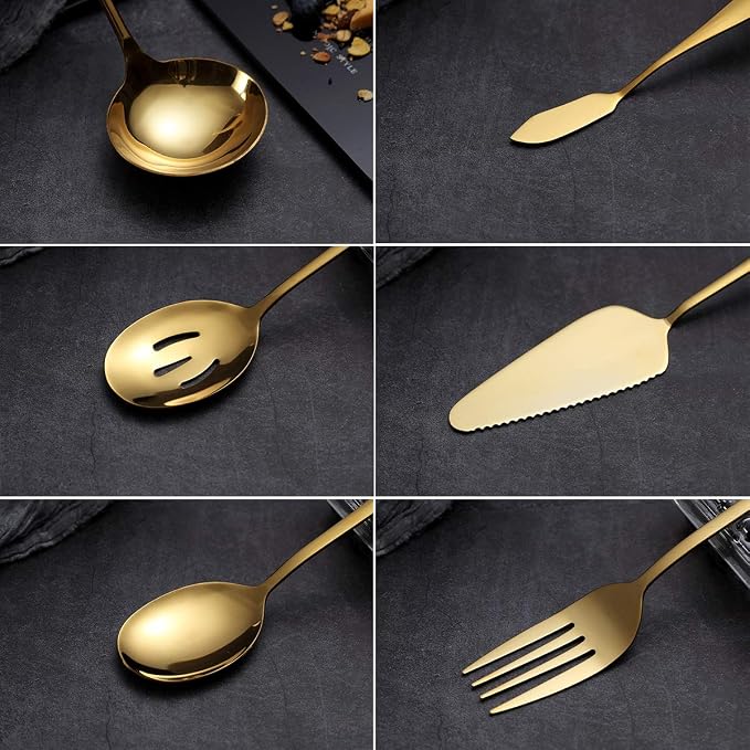 6-Piece Gold Serving Flatware Set - Stainless Steel Utensil Set, Includes Cake Server, Slotted Spoon, Serving Spoon, Meat Fork, Butter Knife, Soup Ladle