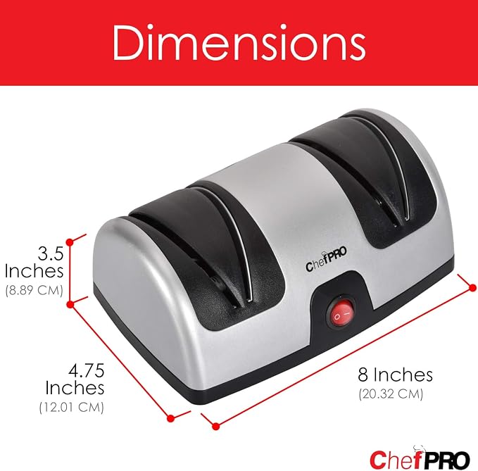 ELECTRIC KITCHEN KNIFE SHARPENER AND POLISHING SYSTEM by CHEF PRO, 2-Stage Sharpening, Compact And Easy-to-Use Design, Suction Cup Bottom and Easy Cleaning, Black-Silver