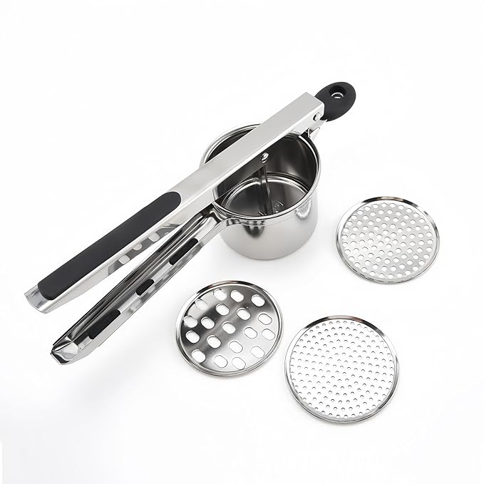 Potato Ricer Stainless Steel with 3 Interchangeable Discs, Heavy Duty Potato Masher & Squeezer, Hand Ricer for Mashed Potatoes and Food Press, Easy to Clean Kitchen Gadgets