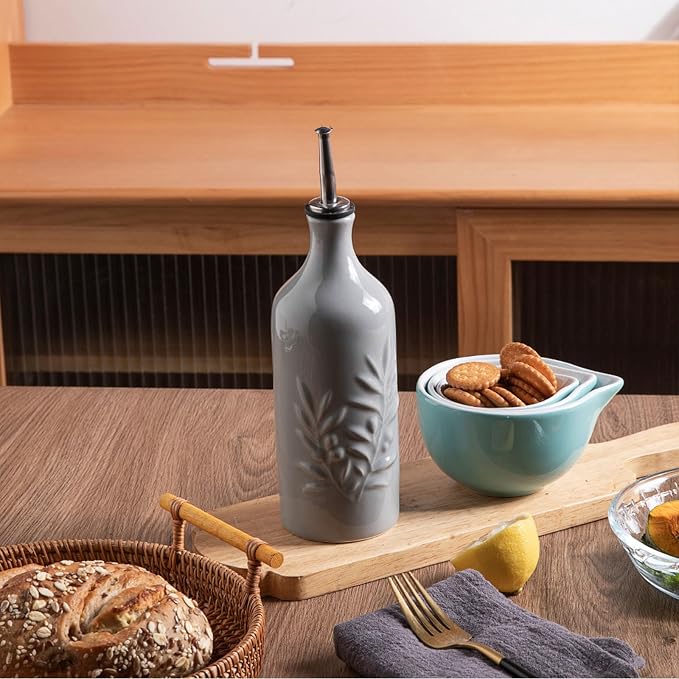Sweejar Ceramic Olive Oil Dispenser Bottle, 20 Oz Relief Opaque Oil Cruet Protects Oil To Reduce Oxidation, Suitable for Storage Vinegar, Soy Sauce, Coffee Syrup, Liquids, Set of 1 (Dark Gray)