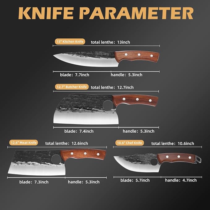 4-Piece Hand Forged Serbian Chef Knife Set | Professional Meat Cutting Set, Ergonomic Wood Handles, Ideal for Kitchen, BBQ & Outdoor Use
