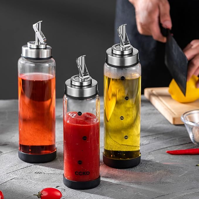 CCKO Glass Olive Oil Dispenser Bottle with Stainless Steel Spouts Shatterproof Glass Olive Oil Bottle 350ml Cooking Oil and Vinegar Cruet Bottle Container Carafe for Kitchen