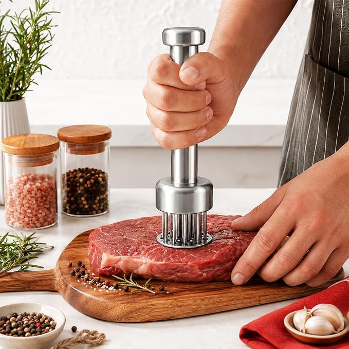 Stainless Steel Meat Tenderizer Tool with 21 Sharp Needles โ Blade Tenderizer for Chicken, Beef, Steak โ Heavy Duty Meat Pounder Hammer, Easy Grip Kitchen Gadget for Cooking & Chef Tools