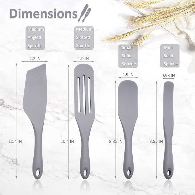 Tongjude Silicone Spurtle Set, Silicone Spatula Set, Heat Resistant Cooking Utensil for Nonstick Cookware, Serving,Baking, Whisking, Smashing, Scooping, Spreading, 4 Piece