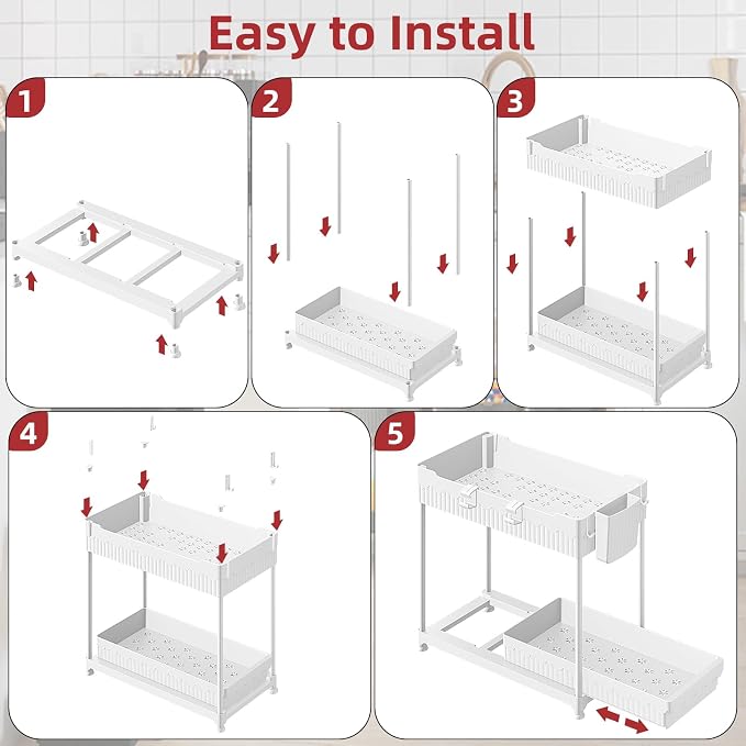 4-Pack 2-Tier Under Sink Organizer with Pull Out Drawers | Multi-use kitchen & bathroom storage. Includes hanging hooks and cups. White, space-saving cabinet design. 14.8 Inch