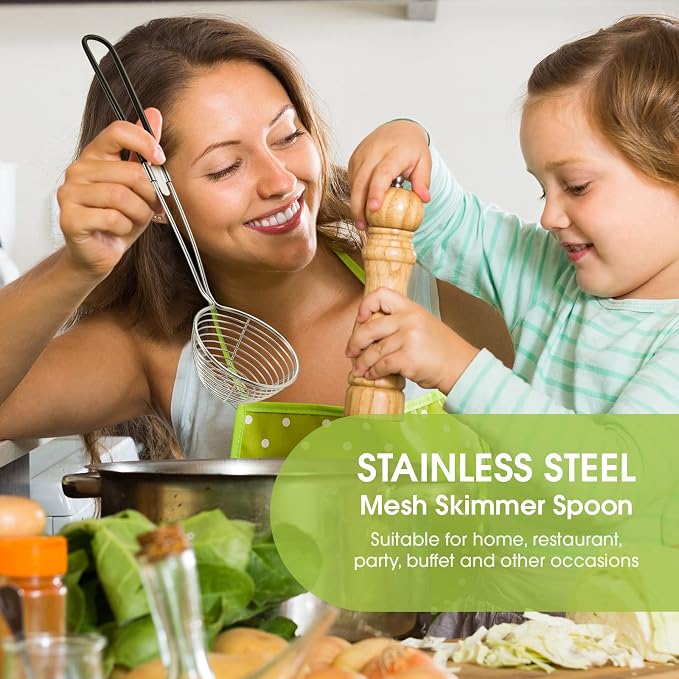 Geiserailie 12 Pieces Hot Pot Kit Strainer Scoops Stainless Steel 2.5 Inch Mini Spider Strainer Skimmer Pasta Mesh Spoon Asian Skimmer Spoon Ladle with Handle for Home (Black)