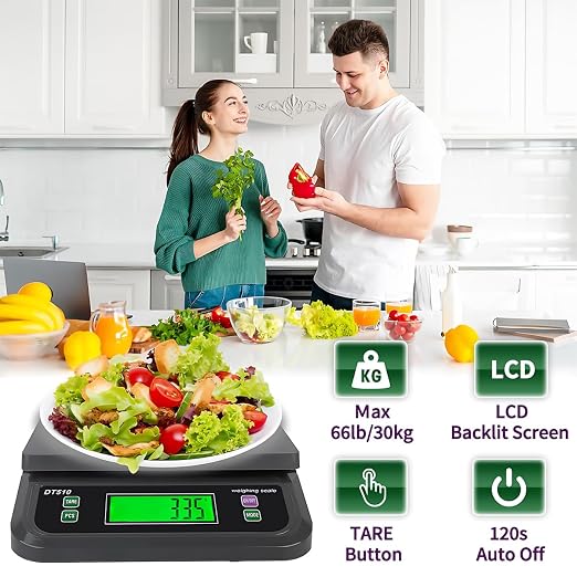 66lbs/30kg Large Digital Kitchen Scale with 6 Unit & Tare Funtion | Food Scale for Baking Cooking Bread Meat Scales with Prep Counting LCD Display with Adapter Grey