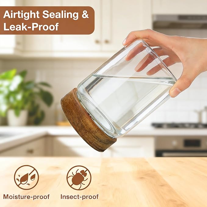 CONNOO 6Pcs- 28 oz Glass Jars with Wooden Lids | Pantry Containers with Wide Mouth Design, Store Rolled Oats, Coffee & Dry Foods, Includes 120 Waterproof Labels