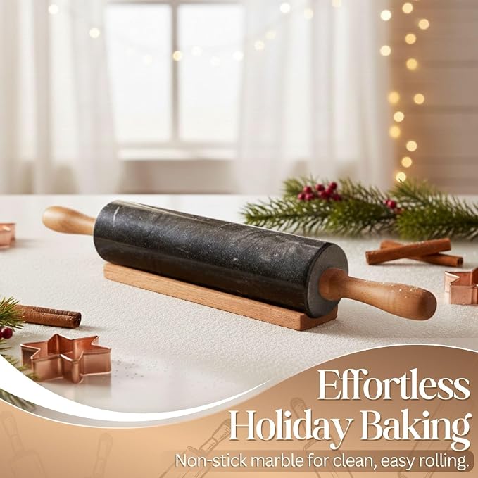 Flexzion Marble Rolling Pin Heavy Nonstick Stone Dough Roller - 10 Inch Polished Barrel with Wooden Handles & Cradle Stand for Baking Pastry Bread Pizza Cookies Pie Crust Pasta Tortillas (Black)