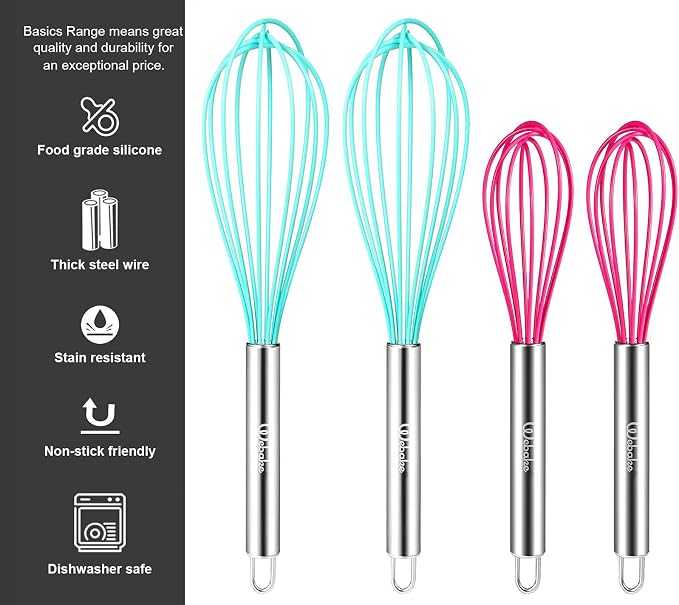 Webake 8 Inch and 10 Inch Silicone Whisk Set of 4, Egg Beater Whisk Balloon Egg Sauce Whisk with 6 Wires, French Whisk Stainless Steel Mini Silicone Whisk for Nonstick Cookware,Solid Color