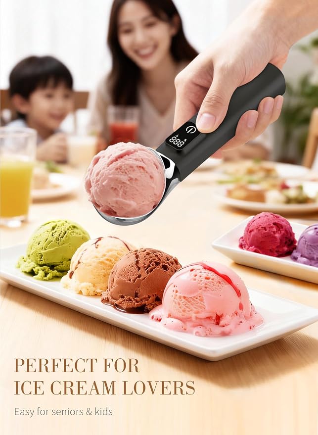 Heated Ice Cream Scoop Rechargeable, Electric Ice Cream Scoop for Hard Icecream and More with LED Display, Self-Warming Heats To 158℉, IP67 Waterproof Easy To Clean, Ideal Kitchen Gifts (Black)