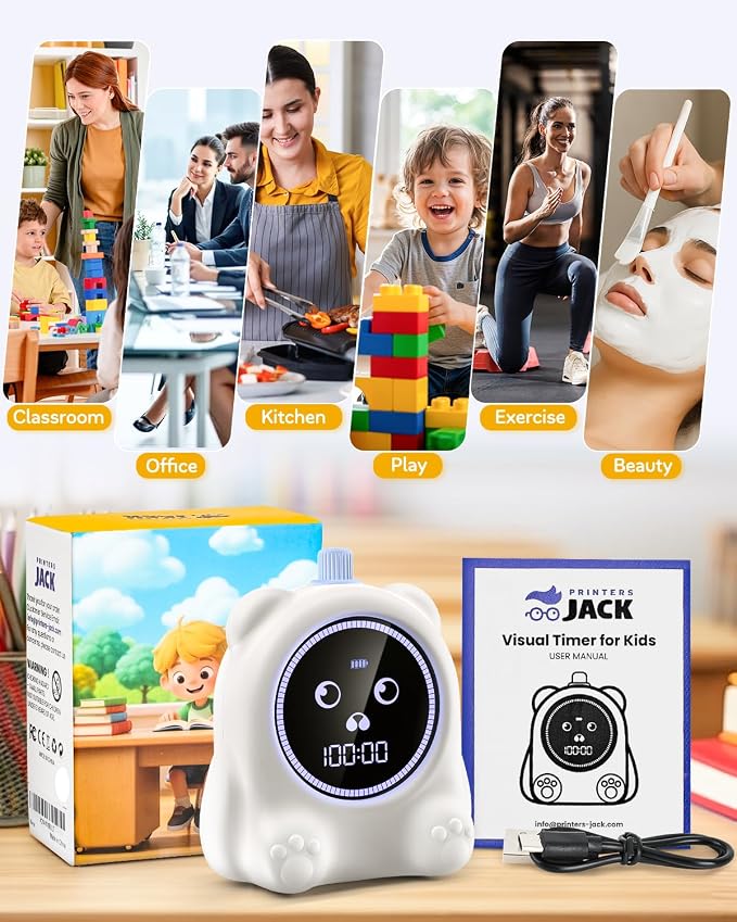 Visual Timer for Kids, 100 Min, Rechargeable Countdown Timers, Adjustable Sound Alert, Adjustable Brightness, Productivity Timers for ADHD, Silent Operation, Desk Time Management Tool for Toddler