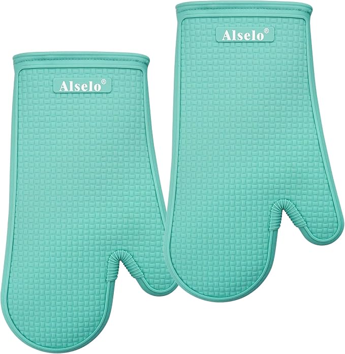 Alselo Oven Mitts Heat Resistant Silicone Kitchen Gloves for 550 Degrees with Waterproof and Non-Silp, Set of 2 Oven Gloves for Baking Cooking Barbecue Microwave Machine Washable (Blue, 2)