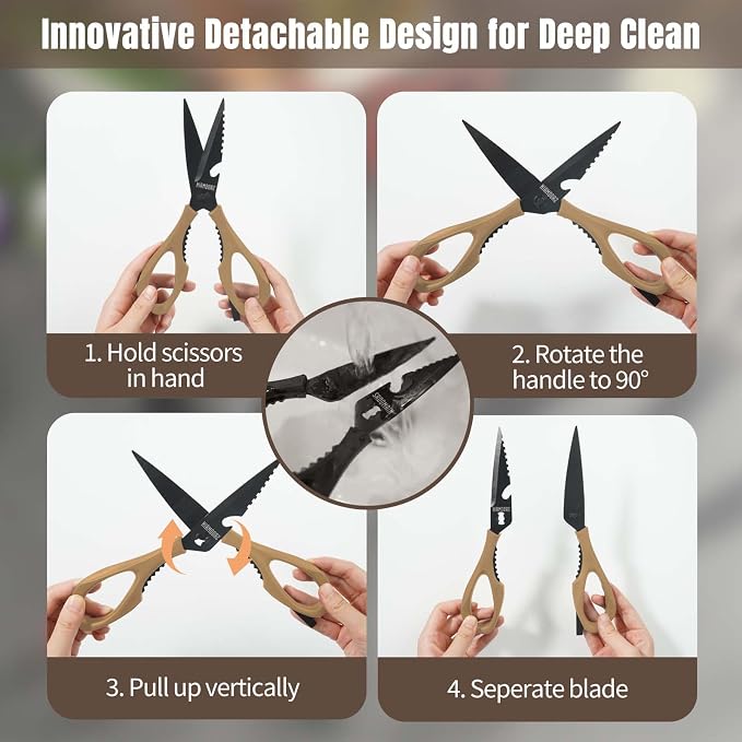 Kitchen Scissors All Purpose, Extra Sharp Kitchen Shears with Knife Sharpener & Sheath, Solid & Durable Stainless Steel Scissors with ANTI-RUST Black Titanium Plated, Dishwasher Safe - Brown