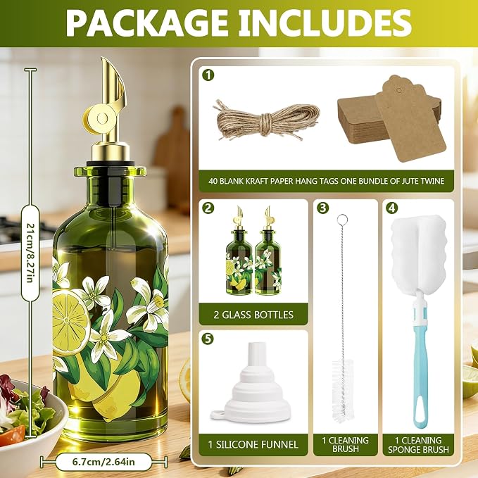 Olive Oil Dispenser Bottle for Kitchen, 12oz/350ml Extra Thick Glass Oil and Vinegar Cruet with Stainless Steel Pourer, Funnel & Cleaning Brush, Premium Oil Dispenser Set (Lemon)
