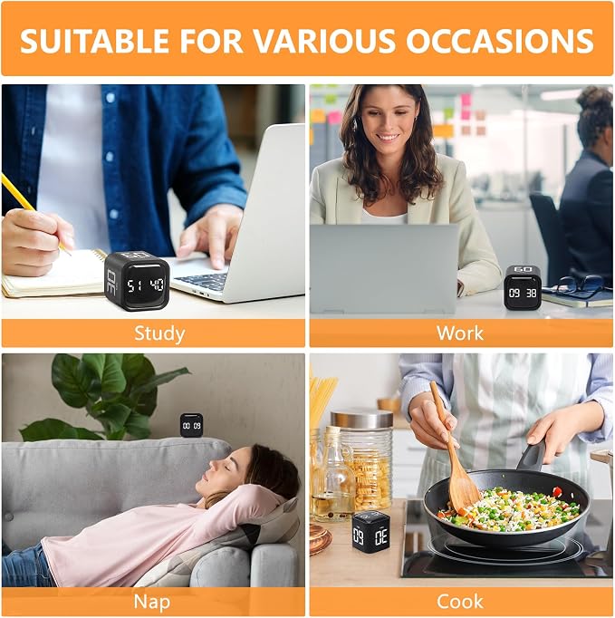 GuDoQi Multi-Function Cube Timer, 5/10/30/60 Min & Custom Count Down, Included Pause & Resume Feature, Silent, Vibrate & Adjustable Sound Alarm for Productivity in Tasks, Study & Kitchen, Black