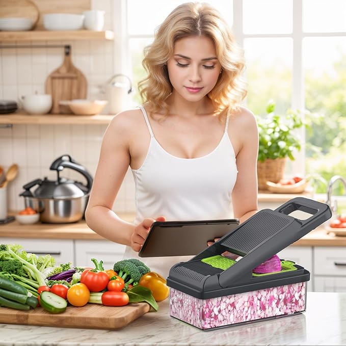 StoreHappily 12-in-1 Vegetable Chopper, 10 Blades Veggie Chopper with Container and Lid, Dicer, Slicer, Multifunctional Kitchen Gadgets, Vegetable Cutter with Handle, Onion Cutter(Green/Grey)