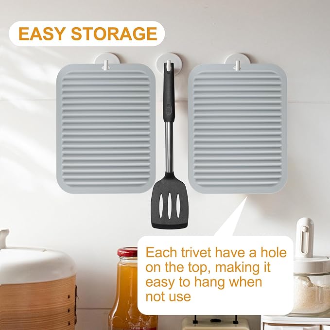 9"x12" Heat Resistant Silicone Trivets for Hot Pots and Pans, Hot Dishes | 2 PCS Large Multipurpose Non Slip Pot Holders Hot Pads Mat for Kitchen Countertop Table, Food Grade & BPA Free, Grey