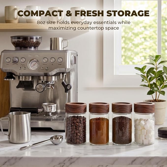 6 Pack 8 oz Glass Jars with Lids, Tall Small Mason Jars with Airtight Acacia Wood Lid, Glass Food Storage Containers for Coffee Bar, Loose Tea, Hot Cocoa & Apothecary Decor