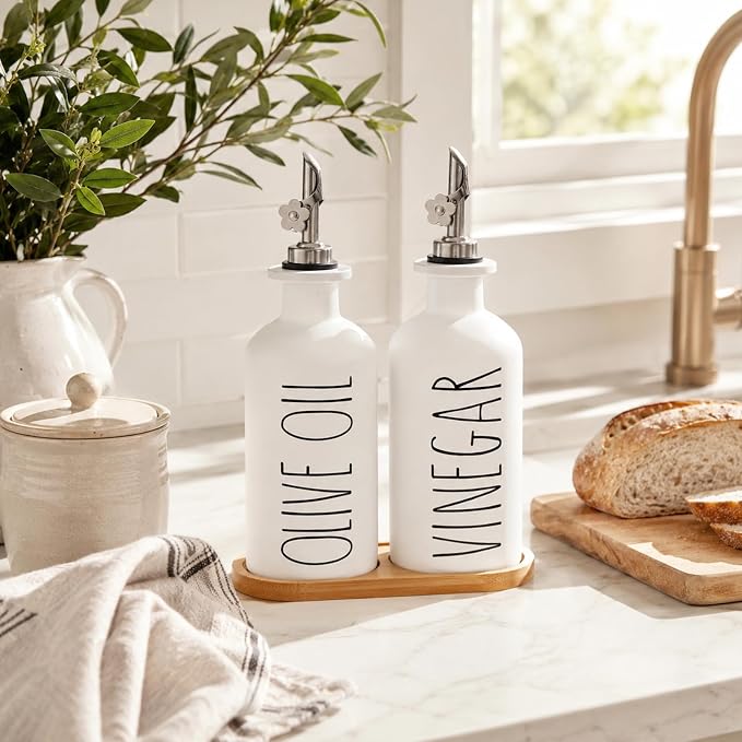 HOMCDALY Premium Olive Oil Dispenser for Kitchen, 11.8oz Glass Oil Bottles with Bamboo Tray, White Oil&Vinegar Cruet Set, Kitchen Dispenser Bottles with Pourer| Set of 2 (11.8oz –P–White)