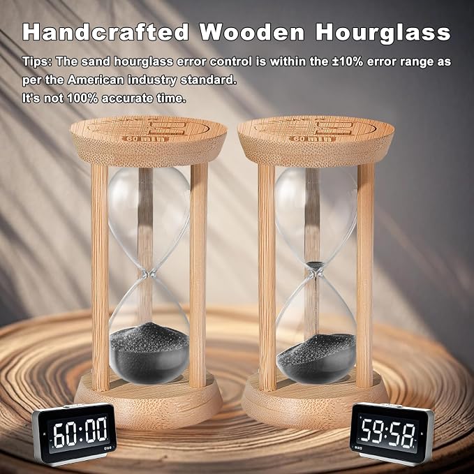 60 Minute Wooden Sand Timers, Bamboo Black Sand Hourglass for Productivity, Meditation & Decor, 60 Min Reloj De Arena for Kitchen, Office, Yoga, Game, Classroom