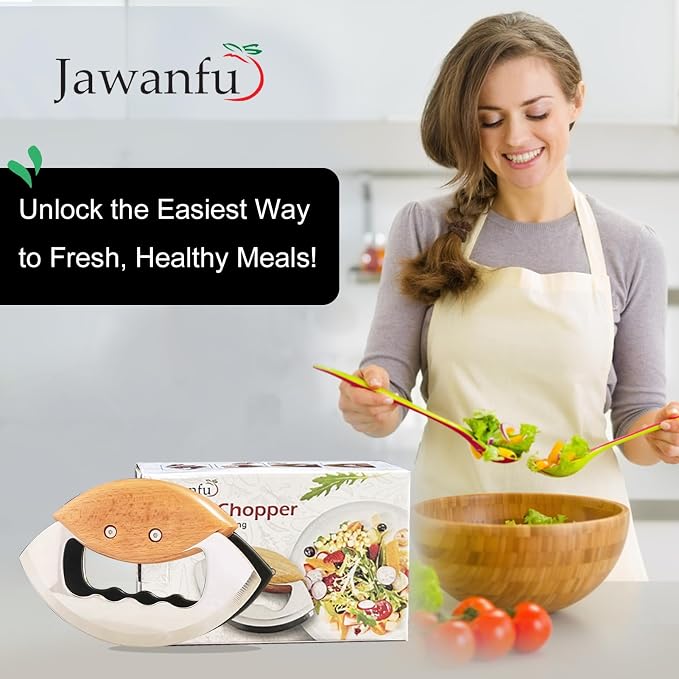 Salad Chopper Tools with Protective Cover, Sharp Mezzaluna Chopping Knife, Double Blade, Stainless Steel Rocker Knife for Salad, Handheld Vegetable Mincing, Father day gifts
