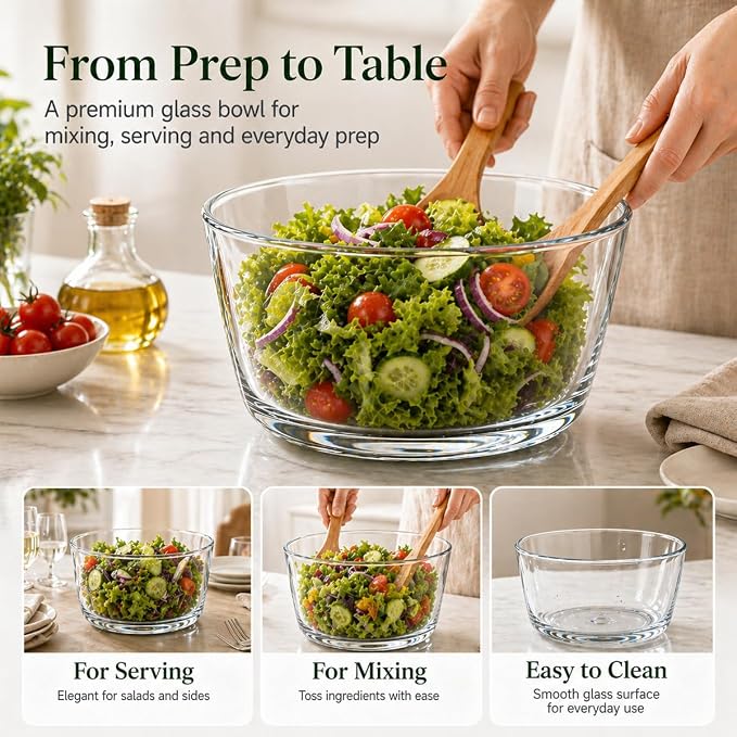 Glass Salad Spinner 3.2 Qt, Small Salad Spinner with Glass Bowl Removable Lid for Easy Cleaning Dishwasher Safe Glass Bowl Vegetable and Fruit Washer Dryer with Drain Spout Crank Handle White