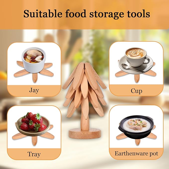 Thick&Thin Trivets for Hot Dishes, 4 Wooden Tree Hot Pads Auto Foldable Coasters, Protecting The Kitchen Table Suitable for Hot Dishes, Pots, Bowls, Teapots, Hot Pot Racks