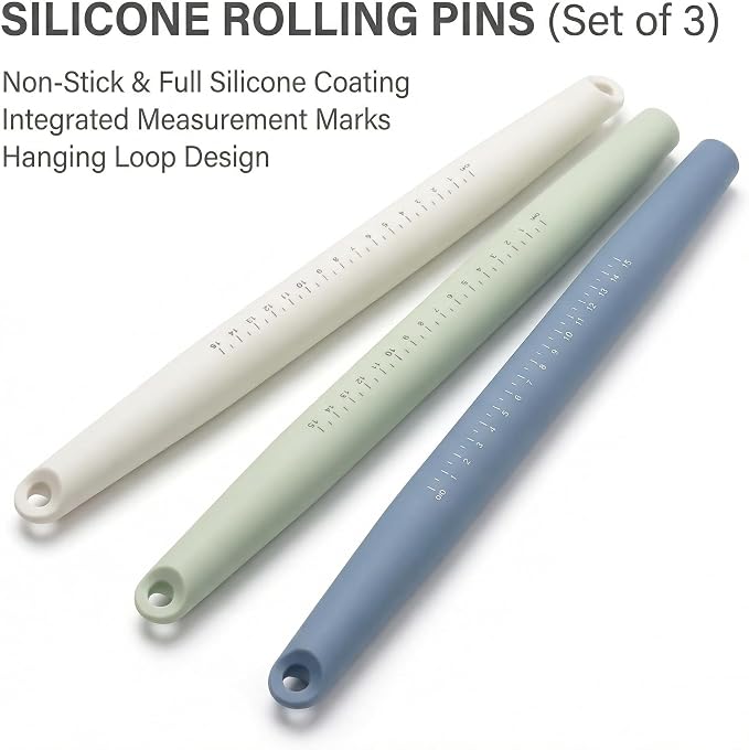 FOLAI 3-Piece Silicone Rolling Pin Set with Scale, 13.3 x 1.18 inch, Non-Stick Surface, Children's Rolling Pin, Children's Baking, for Cake Baking, Pizza, Fondant, Cookies