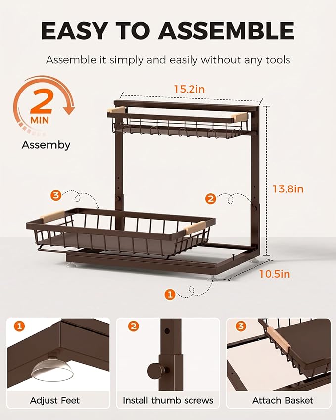 2-Pack 2-Tier Height Adjustable Under Sink Organizer & Storage | Multi-purpose storage for kitchen & bathroom cabinet. Extra Large brown shelf, height adjustable design for space-saving.