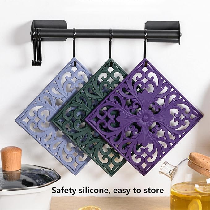 Silicone Trivets for Hot Dishes-Pots&Pans, Multi-Use Carved Trivet Mat, Insulated Silicone Mats, Flexible Square Trivet for Countertop&Tabletop, Silicon Pot Holders Hot Pads Set 3 Black