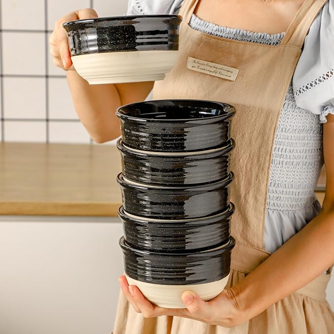 HASENSE Ceramic Cereal & Soup Bowls Set of 6, 20 Oz Black & Beige Stackable Stoneware Bowls, Farmhouse Bowls for Ramen, Salad, Oatmeal & Rice, Dishwasher & Microwave Safe
