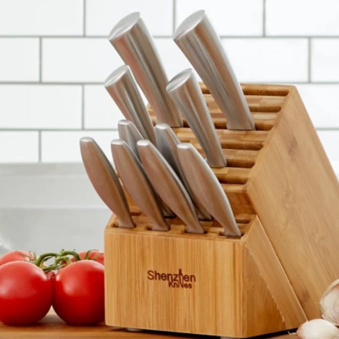 Shenzhen Knives 20 Slot Knife Block without Knives - Solid Wood Core Bamboo Veneer - X-Large 12.25x5.25x10.25 Inch Countertop Knife Holder Organizer and Kitchen Storage