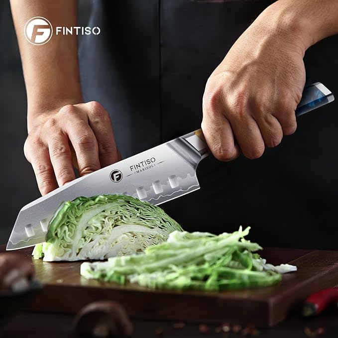 FINTISO Santoku Knife 7 inch Kitchen Knife S35VN Powder Steel Core for Meats Vegetables, 7-Layers Clad Steel Japanese Chef Knife Super Sharp Chopping Knife with Celestial Resin & Wood Handle Best Gift