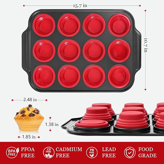 Silicone Muffin Pan, 12-Cup Nonstick Silicone Muffin Pans for Baking, Food-Grade Cupcake Pan for Oven, Microwave, Dishwasher Safe, BPA-Free Silicone Baking Mold for Muffins, Cupcakes, Egg Muffins
