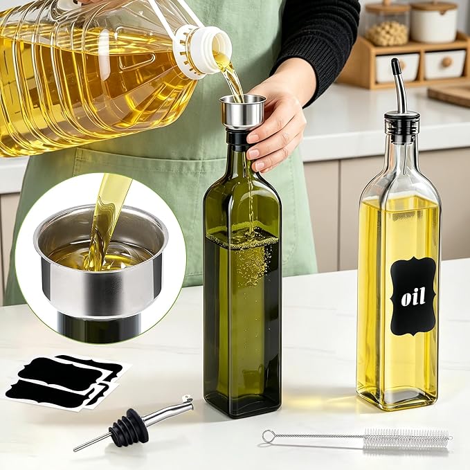 Leaflai Olive Oil Dispenser Bottle, 2 Pcs Glass Olive Oil Dispenser and Vinegar Dispenser Set with 2 Stainless Steel Pourers, 4 Labels,1 Brush and 1 Funnel Oil Bottles for Kitchen (500ml)