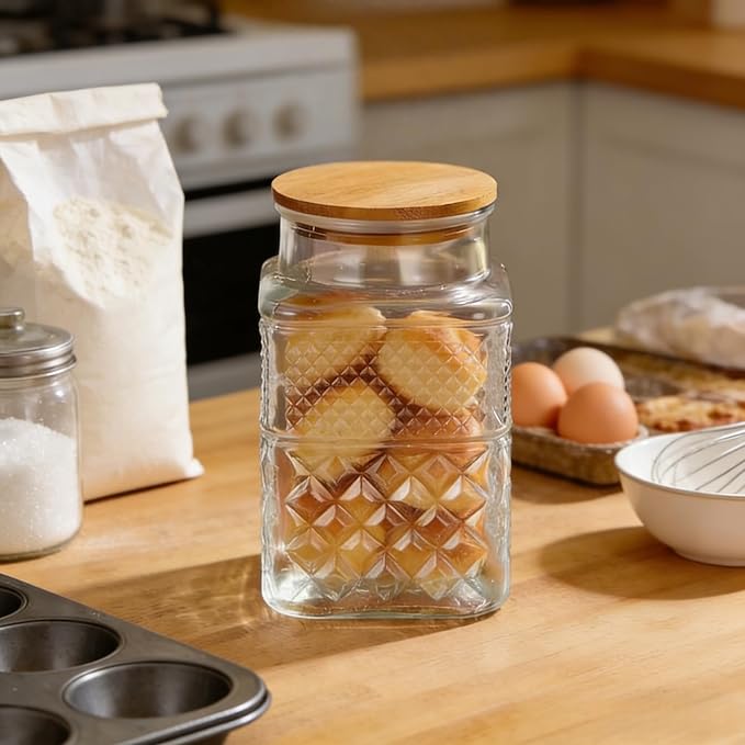 60 FL OZ/0.5 Gal Vintage Glass Storage Jar with Airtight Lid Set of 2 | Kitchen Pantry Thick Glass Container for Flour Sugar Cookie Coffee Laundry Pods, Wide Mouth Opening and Airtight Bamboo lid