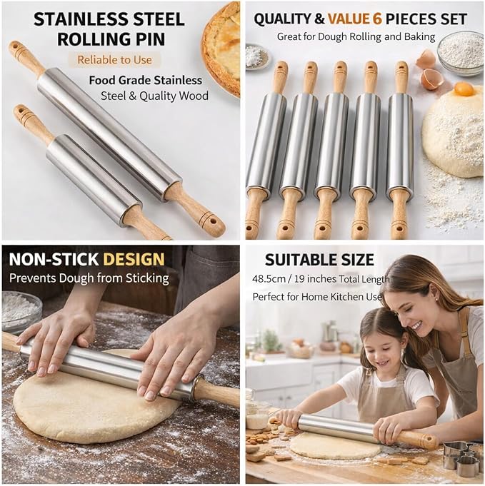 FOLAI 6-Piece Stainless Steel Rolling Pin Set with Wooden Handle, 18.9 x 1.96 inch, Non-Stick Surface, Children's Rolling Pin, for Baking Cakes, Pizza, Fondant, Cookies