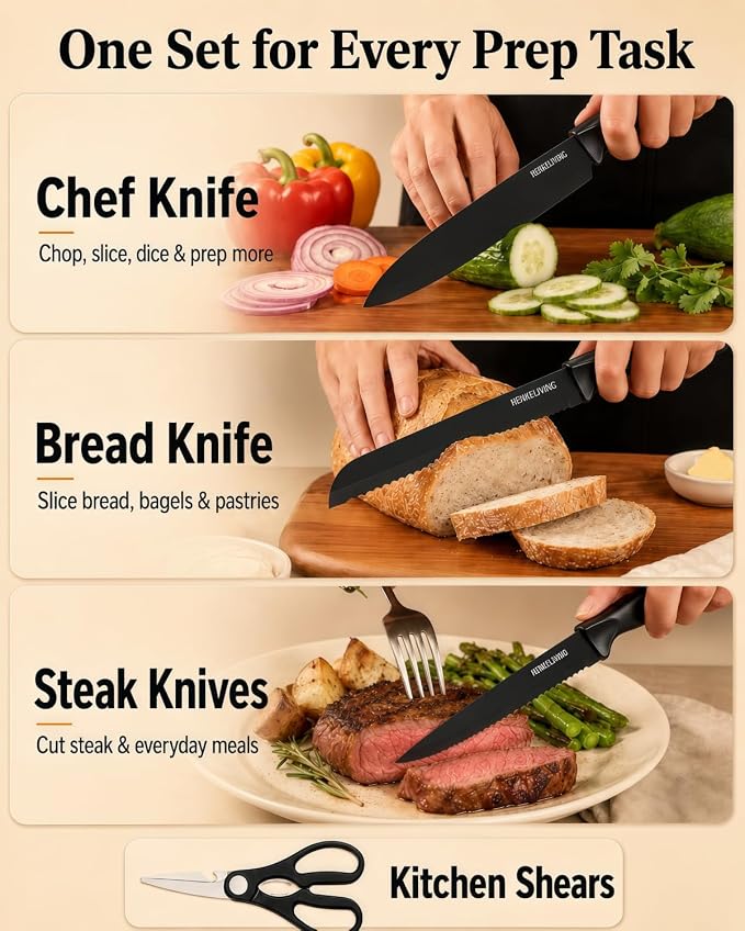 Knife Set, 19-Piece Dishwasher Safe Black Kitchen Knife Block Set with Built-in Sharpener, Stainless Steel Cutlery Set for Everyday Prep, Steak Nights and Modern Kitchens