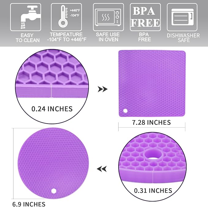 Silicone Silicone Trivet for Hot Dishes, 4 Pack Purple Heat Resistant Silicone Hot Pads Pot Holders for Kitchen Counter Non-Slip Trivets for Hot Pots and Pans, Small Dish Drying Mat & Spoon Rest