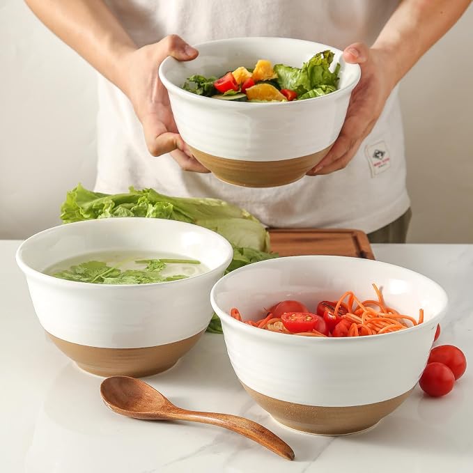 HASENSE Large Ceramic Soup Bowls Set of 4, 40 Oz 7 Inch White & Terracotta Stoneware Mixing Bowls, Farmhouse Bowls for Cereal, Salad, Pasta & Ramen, Dishwasher & Microwave Safe