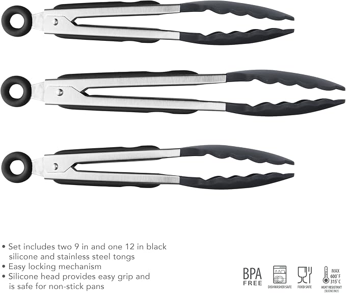 Tovolo Stainless Steel Tongs with Silicone Tips 9” 9” 12 Inch Black Heat Resistant Kitchen Tongs for Cooking Grilling Air Fryer, Stainless Steel Dishwasher Safe Metal Tongs BPA Free Set of 3