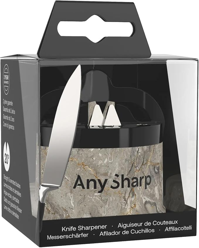 AnySharp – Editions – Hands Free Knife Sharpener - Easy to Use Sharpening Tool with PowerGrip Suction Base and 20-Degree Pre-Set Angle - for All Knives: Chef's, Serrated, and Hardened Steel - Stone