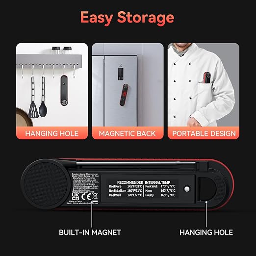 0.3s Ultra‑Fast Instant Read Meat Thermometer, IP67 Waterproof Food Thermometer with Rotating Display & Calibration Function for Grill BBQ Frying Kitchen Cooking(Red)